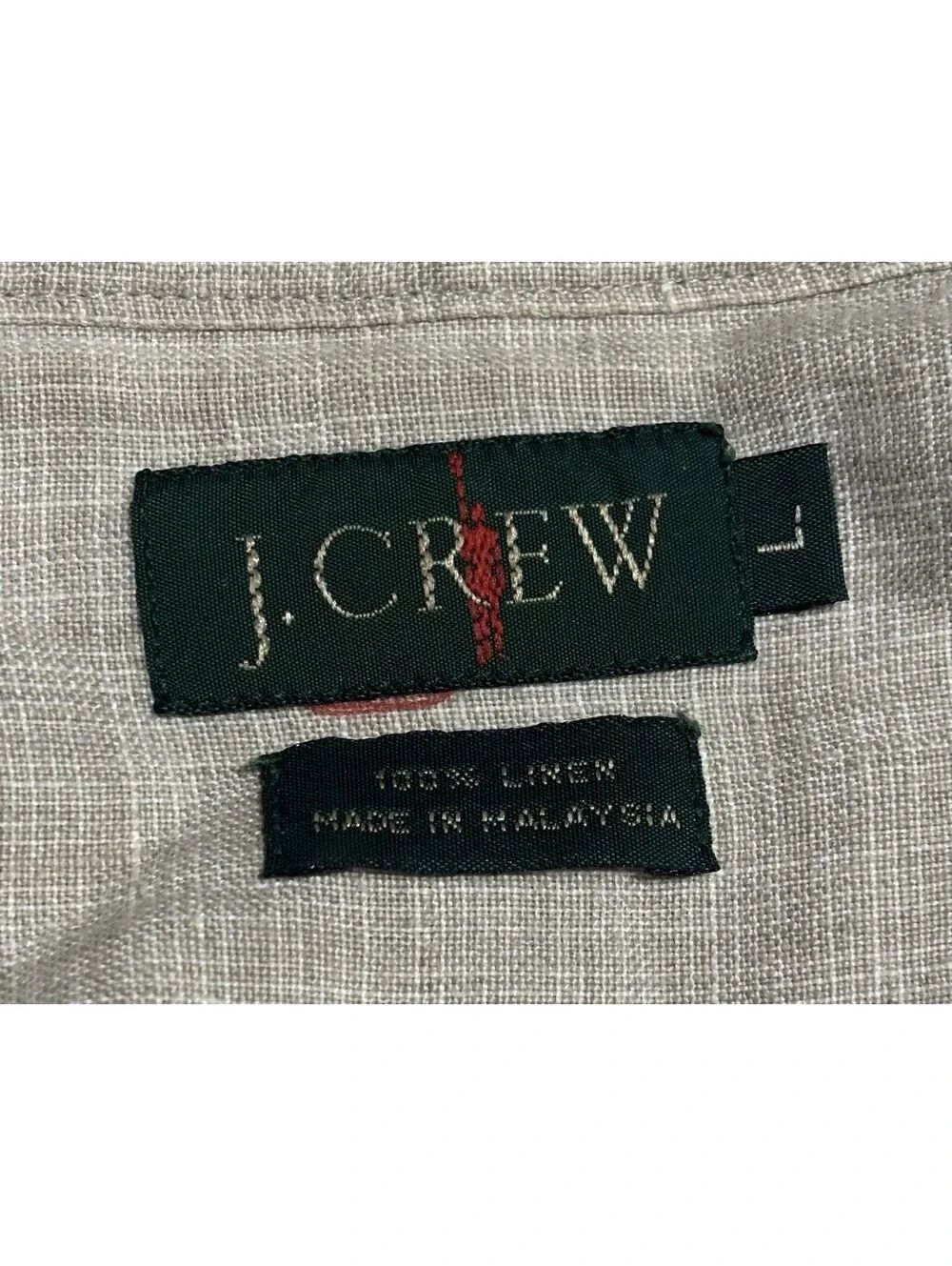 90s J Crew Shirt Mens Large Linen Check Beige Band Collar Pocket